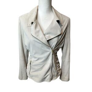ST JOHN Moto Jacket Lamb Suede Leather Beige Zip Up Ruched Silk Lined Size 8